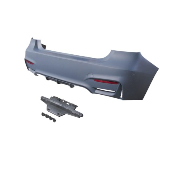 BMW 3 SERI- F30- 12/18; ARKA TAMPON ASTARLI(SENSÖR YUVALI/REFLEKTÖRLÜ/KARLIKLI/ÇİFT EGZOS DELİKLİ)