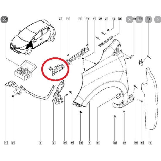 RENAULT CLIO- 4- HB- 13/16; ÖN ÇAMURLUK BAĞLANTI SUPORTU SOL (ORTA İÇ KISIM) (SAC) (EAGLE BODY) - Yedek Parça | Parça Dükkanda