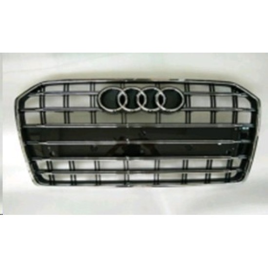ÖN PANJUR KROM+KROM ÇİZGİLİ PARLAK SİYAH 9 PETEK AUDİ S6 2015-2018-APP PLAKALIK İLE